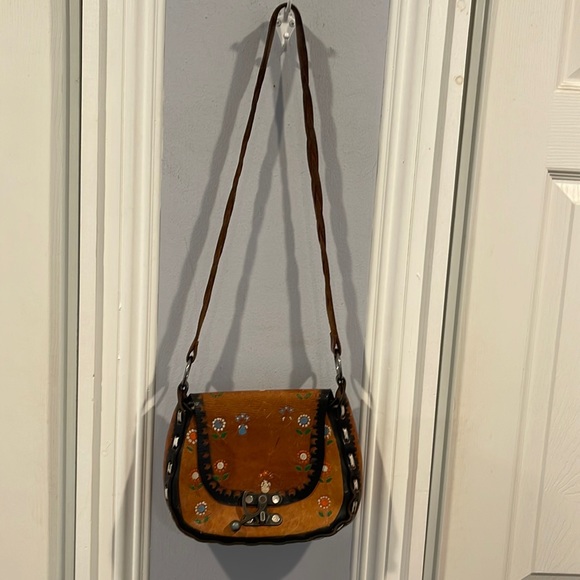 Handbags - VINTAGE 1970s Hand Tooled and painted purse Hippie Boho